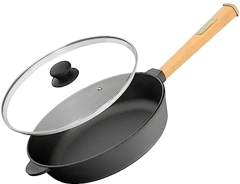 4BIG.fun Ø24 cm Gusseisenpfanne 62 mm hoch Holzgriff abschraubbar mit Glasdeckel Bratpfanne Gusseisen Pfanne geeignet für Gasgrill, Backofen, Feuerstelle Induktion und alle Herdarten