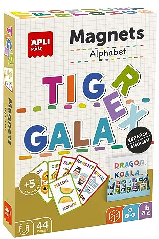 APLI Kids 19443 - Juego de Abecedario magnético con Tablero y fichas para Aprender a Escribir hasta 30 Palabras en 2 Idiomas. Imanes educativos Infantiles para niños a Partir de 5 años