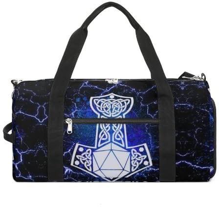 VZXATYOP Viking Fenrir Wolf Sports Gym Bag for Men Women, Black Fitness Bag with Wet Pocket and Shoes Compartment, Thor's Hammer Lightweight Waterproof Duffel Bag (Color : A3)