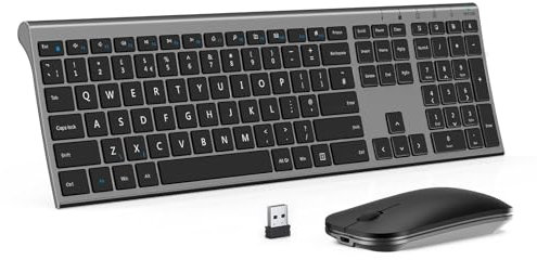 Rechargeable Wireless Keyboard and Mouse Set, seenda Ultra Slim Silent USB keyboard Mouse, Full Size Keyboard with Number Pad QWERTY UK Layout for Windows PC Laptop Desktop Computer, Black and Gray