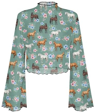 POLERO Haut Y2K Bell pour Femme à Manches Longues avec Bordure Laitue Blouse en Maille Transparente à Col Montant Années 70, XL