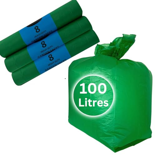 24 Garden Waste Bags Heavy Duty. 100 Litre Green Garden Bin Bags. Extra Strong Sacks. Multipurpose Bin Liners. Made from Recycled Waste (Pack of 24)
