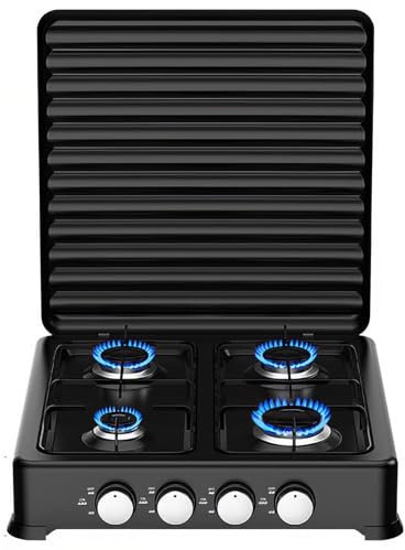 Gas Camping Stove, 4 Burner Portable Camping Gas Stove with Safe Lid - 5.4 KW Stainless Steel Table Top Gas Cooker for LPG white E - Adjustable Temperature Control, Automatic Ignition