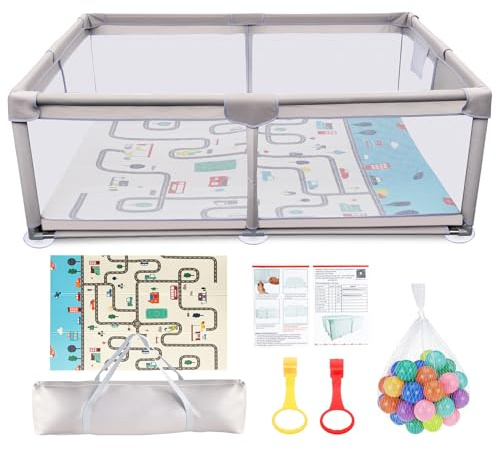 Faltbarer Baby-Laufstall 180x200 cm mit Spielmatte,Anti-Kollision Schaum Absperrgitter mit atmungsaktivem Netz–Der sichere Spielpark für Kind |Perfekter Laufgitter zum Krabbeln, Laufen & Spielen