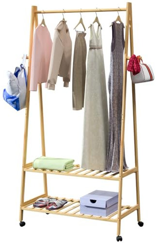 Casaria® Kleiderständer mit Rollen und Ablagen Holz Stabil Kleiderstange Bambus inkl. 4 Haken Garderobenständer 155x70cm Flur Garderobenständer Schmal Natur