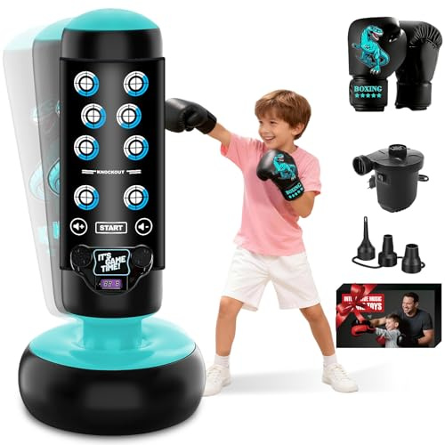 NZQXJXZ Boxsack Kinder, 160 cm Aufblasbarer Boxset mit Boxhandschuhen, Boxsack Stehend mit Punktestandanzeige, Licht und Musikmatte zum Üben von Karate, Taekwondo und MMA