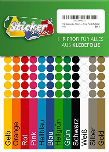 1152 Klebepunkte, 10 mm, je 96 Stück in 12 Farben, aus PVC Folie, wetterfest, Markierungspunkte Kreise Punkte Aufkleber