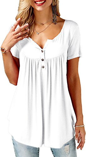 Bequemer Laden Femmes Ete Chic Bouton Tunique Longue Col V Manche Courtes Tee Shirt Ample Chemiser Blouse Top