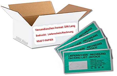 dm-folien Lieferscheintaschen DIN LANG I 1000 Stück I Selbstklebende Versandtaschen mit Aufdruck I Grünes Paketzubehör für Lieferscheine & Rechnungen I Versandzubehör aus Kraft-Papier