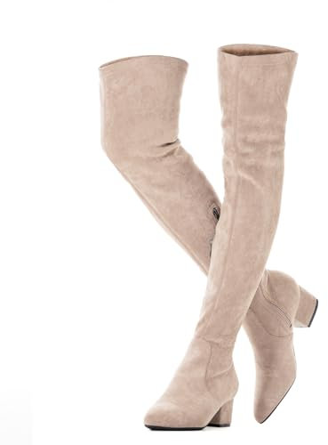 N.N.G Womens Over The Knee Boots Winter Suede Pointed Toe Chuck Heel Comfy Elastic Opening, Khaki 2 Inch Heels, 6 UK