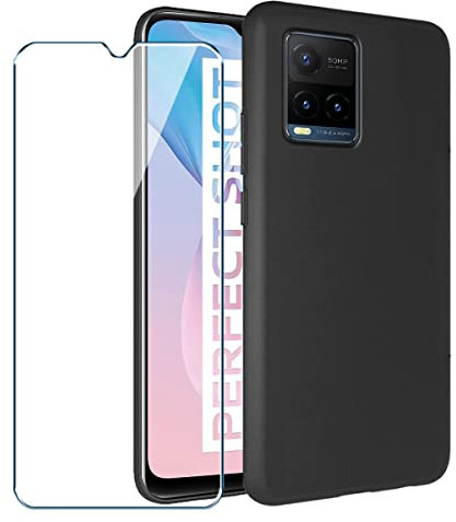 PZEMIN Coque pour Vivo Y21s Cover + 1X Film de Verre Trempé - Silicone Bumper Noir Gel TPU Souple Housse Etui Protection Case (6.51)