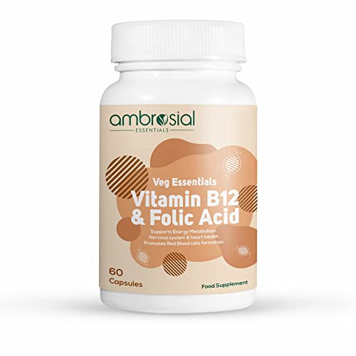 Ambrosial Vitamin B12 1000 mcg (Cyanocobalamin) & Folic Acid Tablets 500 mcg – Dual Formula in One Capsule – B12 Supplement for Women & Men –Vegan, GMP Certified – 60 Capsules (2 Months Supply)