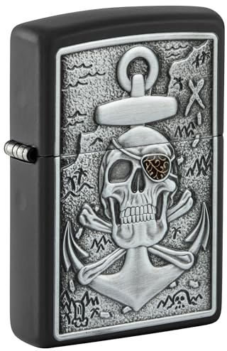 Zippo Sturmfeuerzeug - Emblem Skull with Anchor, Black Matte, Emblem - Nachfüllbar - Wiederverwendbar - Windfestes Design - Geschenkbox - Made in USA