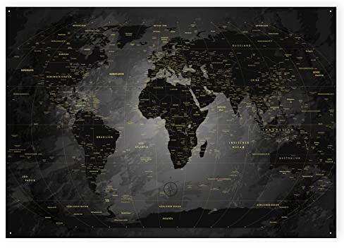 LANA KK - Weltkarte Noir – magnetische Weltkarte Pinnwand als Blechschild XXL -Poster, Magnettafel als Geschenk Wandkunst Dekor für Zuhause, Büro und Café in 100x70 cm
