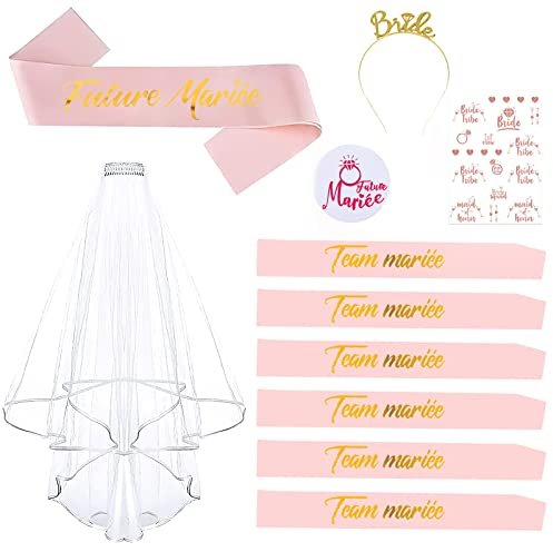 UNIVERTEN Enterrement de Vie de Jeune Fille Accessoire, Kit EVJF Accessoire, Kit Écharpe pour EVJF, Écharpe Future Mariée et Team Bride, Voile, Badge Future Mariée, Bandeau Diadème, Tatouage (or rose)
