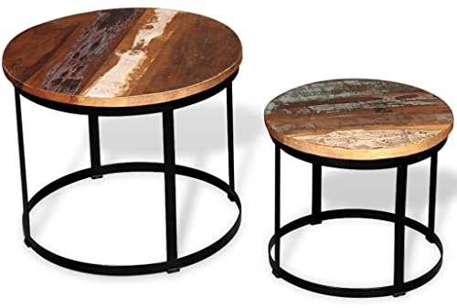 INLIFE 2-TLG. Couchtisch-Set Altholz Massiv Rund 40cm/50cm
