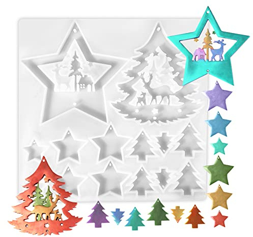 PHOGARY Weihnachten Epoxidharz Formen Silikon, Casting Ornament Harz Gießen Formen für DIY Weihnachtsbaum Rentier wenig Stern Form Handwerk Dekoration Harz Kunst 7.9x7.6x0.28