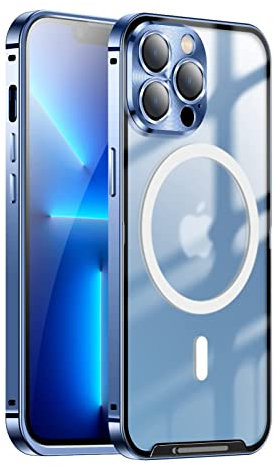 Metal Frame Camera Lens Protector Case for iPhone 14, Magnetic Adsorption Metal Bumper Back Translucent Matte PC Cover, 360 Full Body Protection Case for iPhone 14 Pro Max Blue