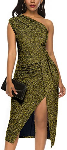 LILYIN Elegantes Damenkleid, ärmellos, einschultrig, gerüscht, hoher Schlitz, Abendkleid, Cocktailkleid, Partykleid, Gold, Mittel