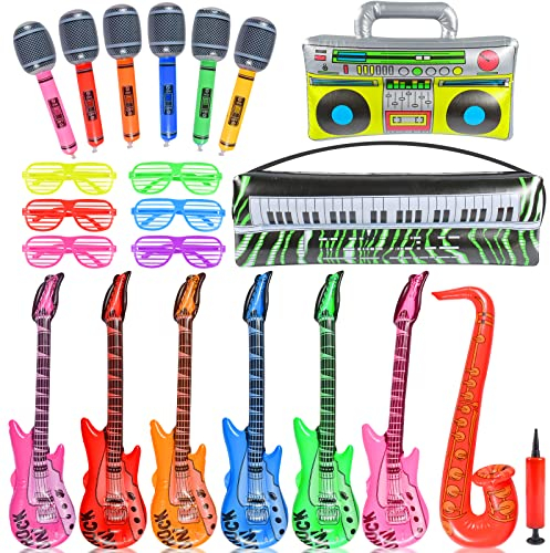 ZeYou Aufblasbare Musikinstrumente 22 Stück,Inflatable Balloon Musical Instrument,Aufblasbare Gitarre Radio Klavier Saxophon Mikrofone Shutter Brille Party Requisiten für Pool Disco Party