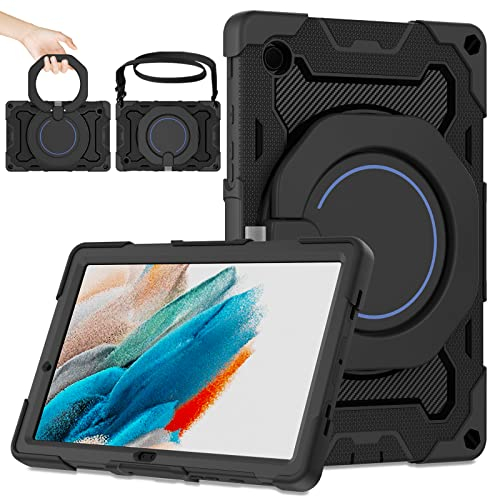 ROISKIN für Galaxy Tab a8 Hülle 10.5 Zoll 2021 für Kinder, Heavy Duty Stoßfeste Samsung Tablet A8 Hülle mit Bildschirmschutz & Drehbarer Ständer & Schultergurt & Bleistifthalter,Black