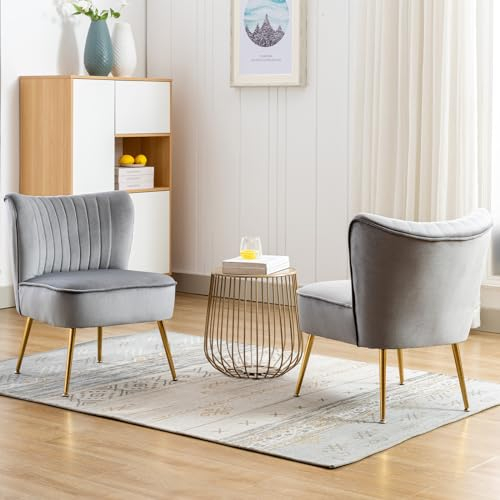 chairus Samt Polsterstuhl mit Metallbeinen Gepolsterter Einzelsofa Moderner Lesesessel für Balkon Wohnzimmer (Grau-2er)