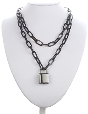 CABULE Collana a catena nera con lucchetto quadrato collana da donna uomo catene hip hop goth gioielli accessori moda regali-nero