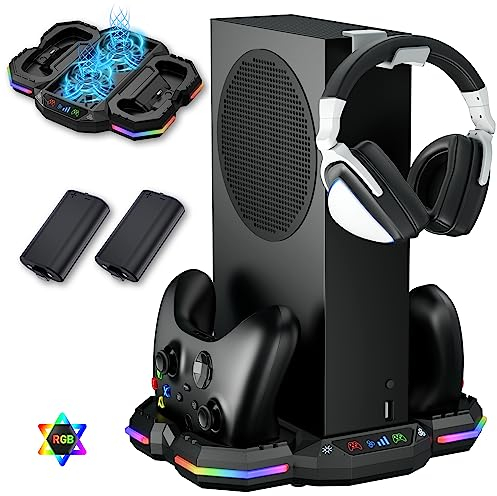 Wiilkac Lüfterständer für Xbox-Serie S, mit RGB-Lichtstreifen, verbesserte Dual-Controller, Ladestation, Zubehör mit 2 x 1400 mAh wiederaufladbaren Akkus, Headset-Haken und USB-Anschlüssen, Schwarz