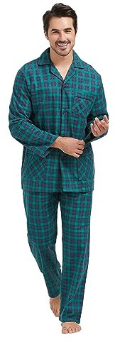 Amaxer Hommes Pyjamas 100% Coton Flanelle Pyjamas Hommes Pyjamas d'intérieur Pantalons à Manches Longues,Damier Bleu-Vert,M