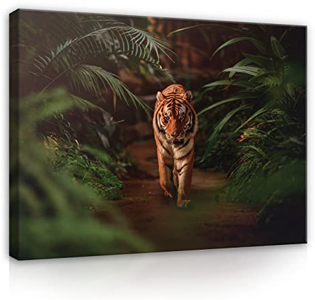 WallArena - Leinwand Bilder - Tiger Tiere Wald Dschungel - 120x80 cm Leinwandbilder - Bild auf leinwand - Wandbild XXL groß Wandbilder für Wohnzimmer Schlafzimmer Wohnzimmerbilder Modern