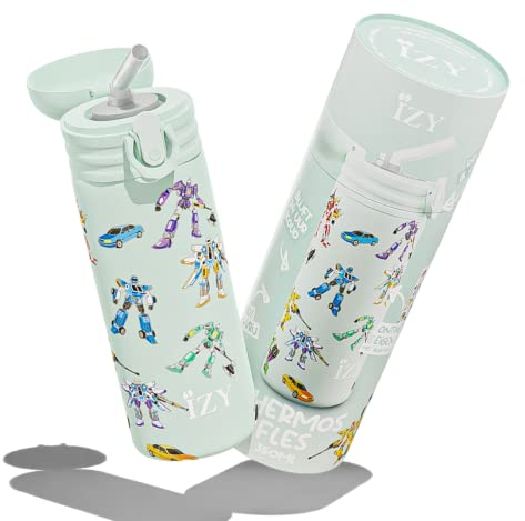 IZY Bebedero Niños - Bebedero con Pajita - Botella de Agua para el Colegio - Botella Termo 350ml - Sin BPA - A Prueba de Fugas - Frio 24 Horas (Transformadores Verdes)