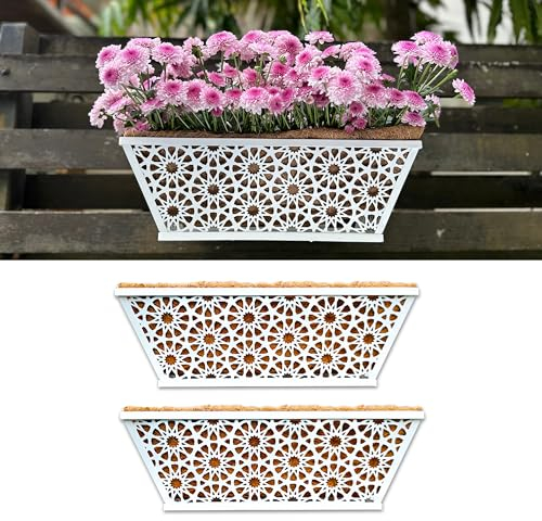 Maxona Wand-Pflanzgefäß, 2 Stück, 40,6 cm, weißes Geländer zum Aufhängen, Pflanzgefäß mit Kokosauskleidung für den Außenbereich, Metall, Balkon, Garten, Pflanzkorb, Deckschiene, Zaun, Fenster, Haus,