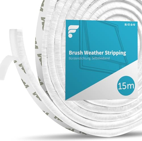 shinfly Joint Fenetre Porte Isolation, 15 Mètres(L) x 9 mm(B) x 15 mm(D) Joint Brosse Porte Coulissante, Joint Etancheite pour Fenetre Baie Vitrée Porte Poussière Voler Froid Phonique(Blanc, 15M)