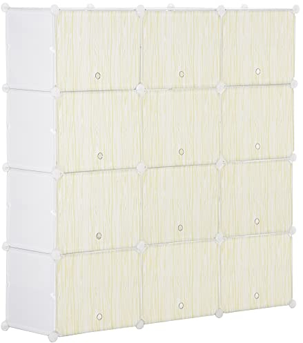 HOMCOM Armario Modular de Plástico Cajas de Zapatos con 12 Cubos Zapatero Organizador para Entrada Pasillo Dormitorio 125x32x125 cm Blanco y Natural
