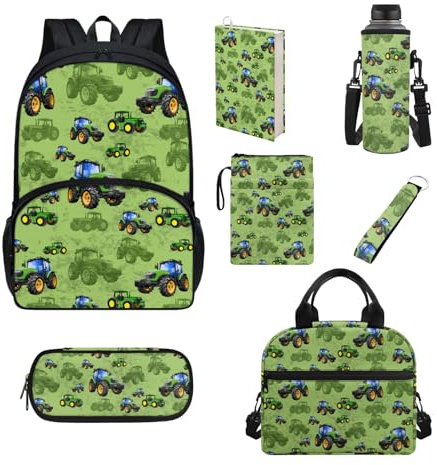 Howilath Kinder-Büchertaschen-Set mit Lunch-Tasche, Federmäppchen, Buchhülle, Schulrucksack für Jungen und Mädchen, Grüner Traktor