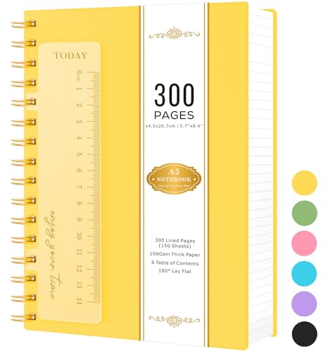 NIRMIRO A5-Notizblock, 300 Seiten, Spiralnotizbücher zum Schreiben, Spiralbindung, dickes Notizbuch mit 100 g/m² liniertem Papier, fester Einband, PVC-Einband, Notizblöcke, 14,5 x 20,7 cm, Gelb