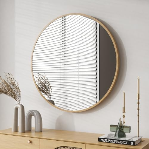 BD-Baode Rund Spiegel mit Holzmaserung Rahmen 50 cm Wandspiegel Runder Badspiegel Ohne Beleuchtung für Badzimmer, Ankleidezimmer und Wohnzimmer