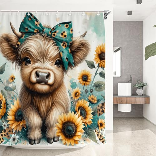 Reateforin Rideau de Douche Bleu Sarcelle avec Motif Vache des Highlands, Ensemble de Rideaux de Douche pour Salle de Bain, Rideau de Bain Moderne en Tissu imperméable avec 12 Crochets, 183 x 183 cm