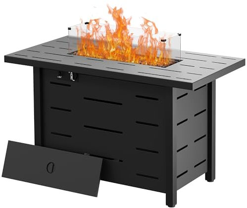 Walsunny - Brasero d'extérieur en Propane avec Couvercle, Protection Contre Le Vent en Verre, Couvercle imperméable, Table rectangulaire à gaz pour Jardin/Patio, certifié CSA