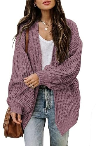 Jhsnjnr Cardigan da donna a maglia grossa, aperto sul davanti, manica lunga a lanterna, oversize, rosa, XL
