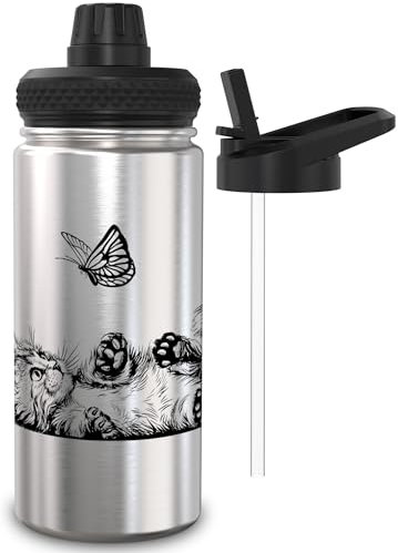 TAKWAY Isolierte Trinkflasche Kinder Edelstahl 0,5L mit 2 Aufsätzen - Auslaufsichere Edelstahl Trinkflasche mit Strohhalm 500ml - BPA frei - Schule, Sport (Katze)