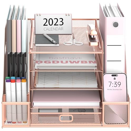 SUPEASY Mesh Desk Organizer with File Holder, 5-Tier Paper Letter Tray Organizer with Magazine Holder, Desktop Organizer and Storage with Drawer for Office Supplies Home or School, Rose Gold