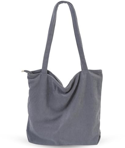 CNMTCCO Tote Bag Damen Shopper Tasche Damen Große Cord-Tragetasche Shopper Für Damen Handtasche Mit Reißverschluss, Taschen Und Fächern – Ideal Für Schule, Arbeit, Einkaufen,Reisen, Alltag(Grau)