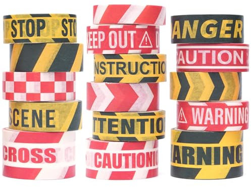 16 Rollen Vorsichtslinie Washi Tape Set Klebeband Bunt Gelb Rot Grenze Dekorativ Masking Tape für Kunst, DIY Handwerk, Tagebuch, Hobel, Sammelalbum, Verpackung
