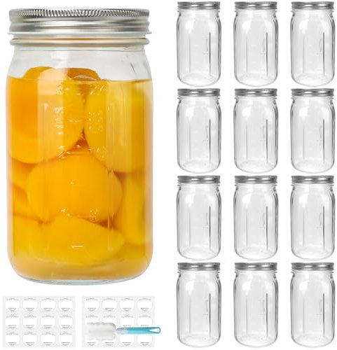 DHSBTLS 32 oz Glass Mason Jars, 12 Pack Wide Mouth Glass Canning Jars with Silver Aluminum Lids and Bands, Airtight Jars for Food Storage, Canning, Overnight Oats, Fermenting, Pickling, Decor