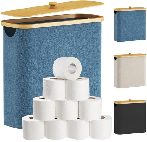 Lifewit 30L Toilet Roll Storage, Bathroom Storage Box Holder Stand with Lid, Bamboo Multifunctional Toilet Paper Basket Cabinet with Handle, Blue