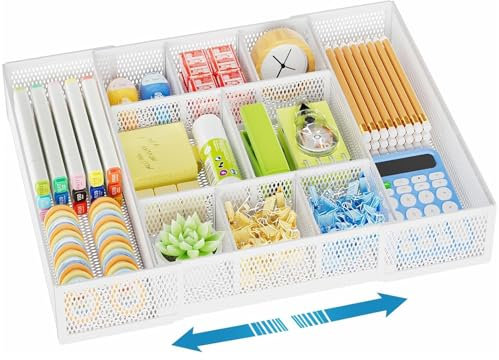 Marbrasse Schreibtisch Organizer mit Schubladen,Netz Schubladenbox mit 10 Verstellbaren Fächern und 5 Unterteilten Schubladen für Büroartikel,Kosmetik und Haushaltswaren(Weiß)
