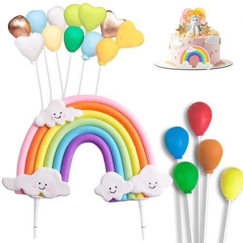 18 Pcs Rainbow Cake Topper Decorations, Soft Pottery Rainbow Cake Decorations, Balloon Cake Topper for Kids Boy Girl, Birthday Shower Party Supplies