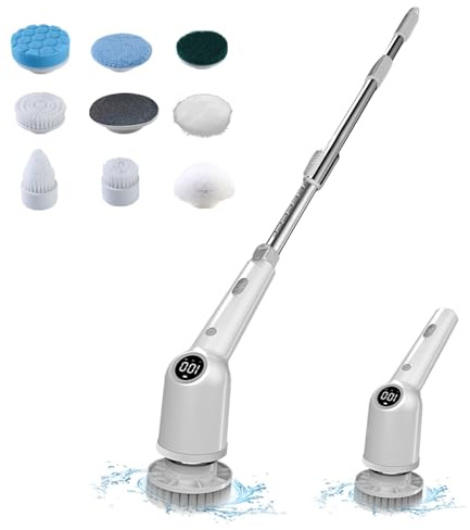 TARSHYRY 9 in 1 Elektrische Reinigungsbürste mit 8 Wechselbürsten,Elektrisch Fugenbürste für Bad/Küche/Fliesen,IPX4,Kabellos,3 Geschwindigkeiten,Verstellbarer Verlängerungsarm(Grey)