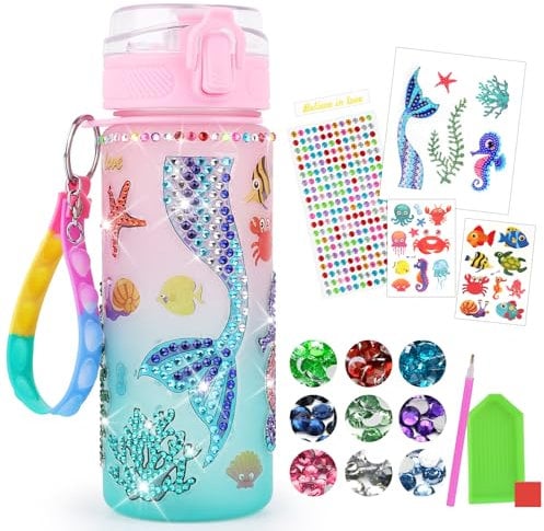 TNEDFOD 600ml Sirena Borraccia Giochi per Bambini, Regali per Ragazze Bottiglia d'Acqua Fai Da Te, Kit per Decorare la Propria Borraccia per Bambine di 4 6 8 10 Anni